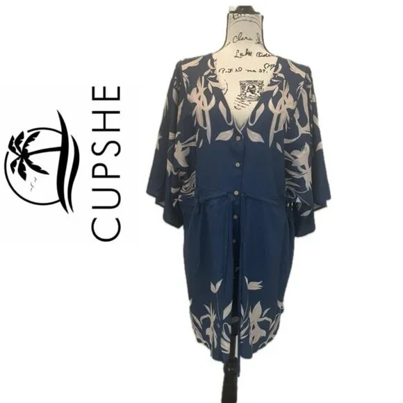 CUPSHE DRESS OVERSIZED SZ M FLARED SLEEVES NAVY BLUE TAN BEACHY CHIC SUMMER - Picture 4 of 16